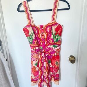 FARM Rio Pink & Orange Floral Romper with Smocked Bodice